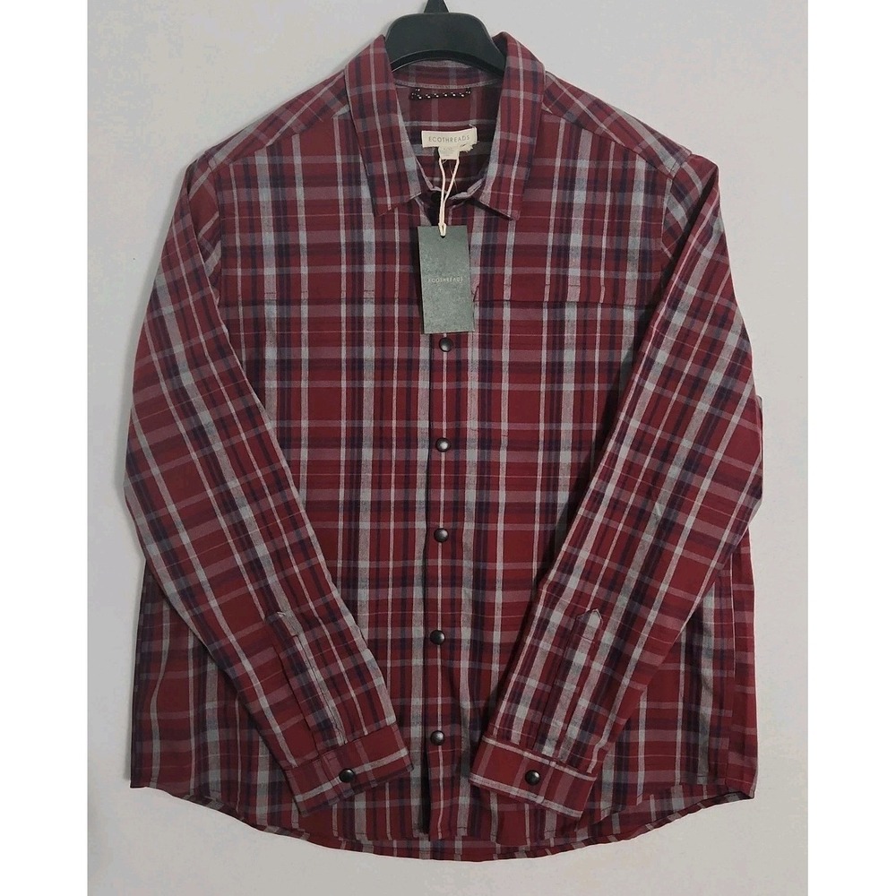 Ecothreads Shirt Mens Large Plaid Snap Up Zip Pocket Cotton, Recycled Polyester